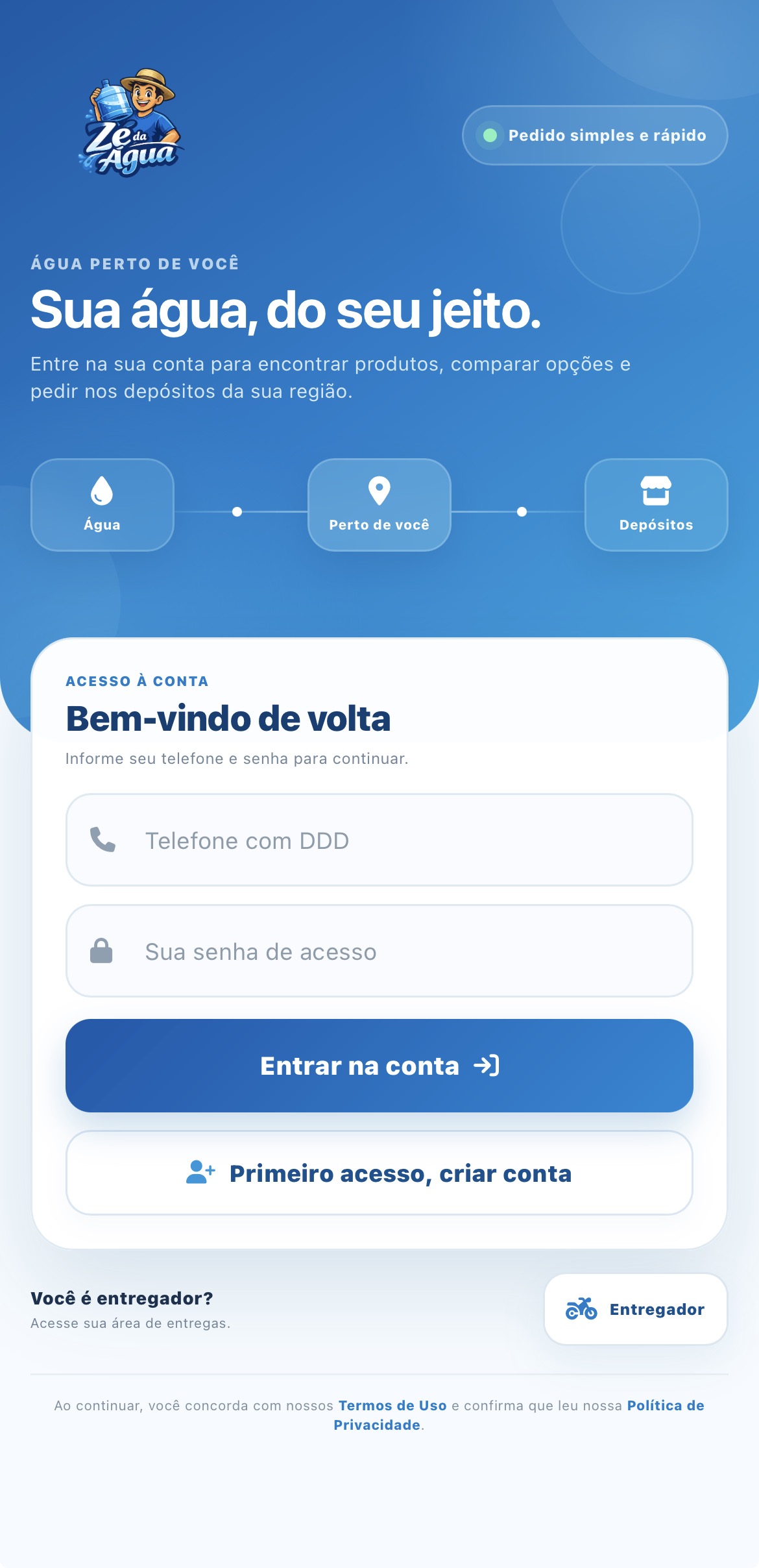 Tela do aplicativo Zé da Água 1